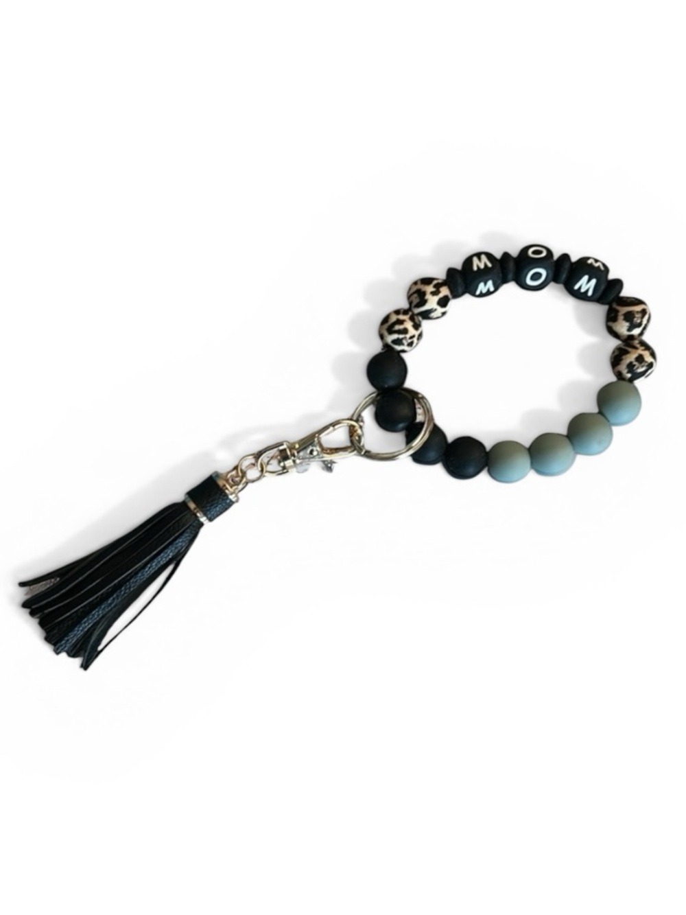 Silicone MOM Keychain Bracelet with Black Green and Leopard Beads with Tassel